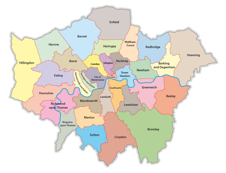 32 London boroughs on a map